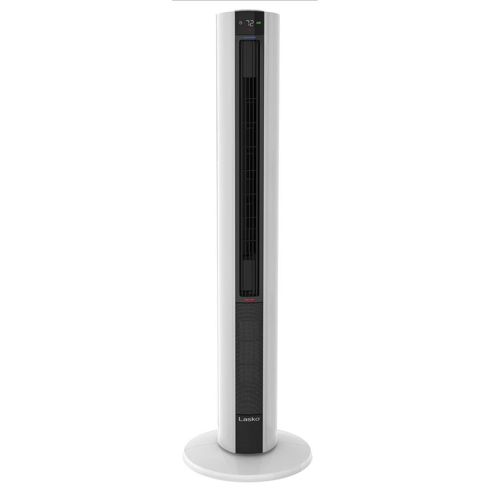 White Ceramic Tower Fan and Heater with Thermostat and Automatic Shut-off