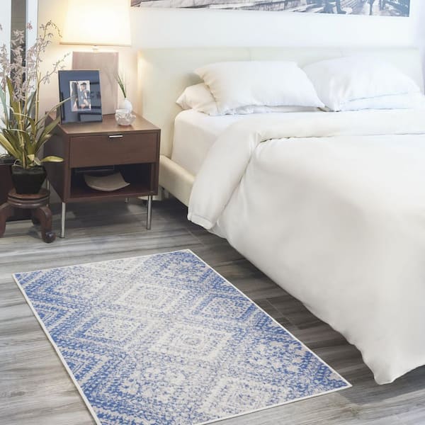 3 ft. x 5 ft. Blue and Ivory Geometric Distressed Area Rug