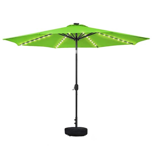 AURA OUTDOOR 11 ft. Apple Green Round Solar LED Metal Rotation Cantilever Offset Outdoor Patio Umbrella with a Base in Sand