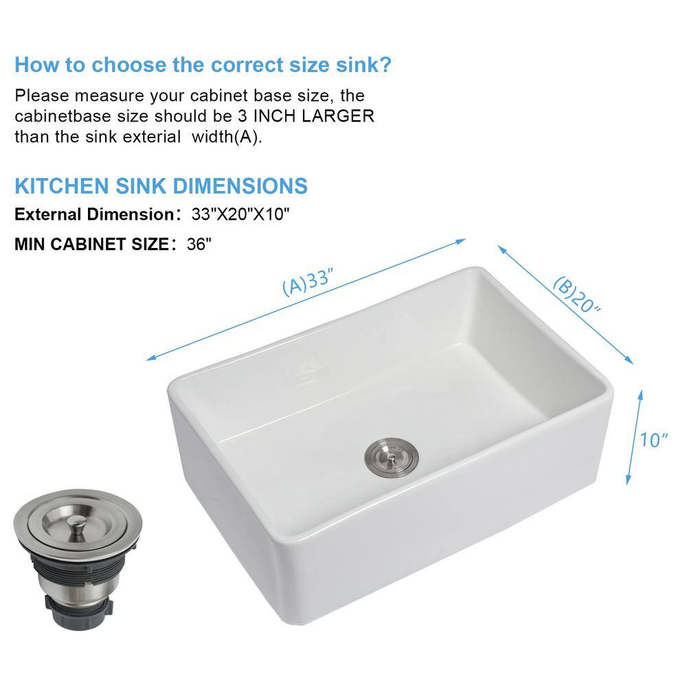 33'' White Ceramic Farmhouse Apron-Front Single Bowl Kitchen Sink