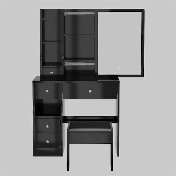 Unbranded Black 6-Drawer 31.5 in. W Dresser with Mirror, Left Drawer Desktop Vanity Table Plus Cushioned Stool
