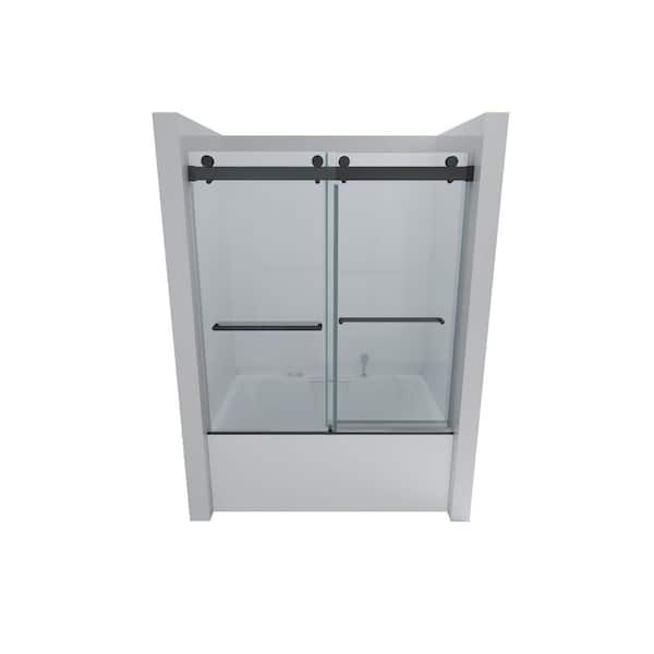 Cursiva 60 in. W x 62 in. H Double Sliding Frameless Bypass Tub Door in Matte Black with Clear Glass