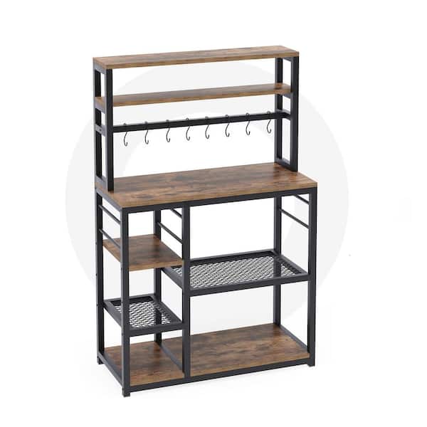 BYBLIGHT Keenyah Rustic Brown 5-Tier Kitchen Baker's Racks with Storage Shelf and Hutch, 8 Hooks, 35.4" L x 15.9" W x 55" H