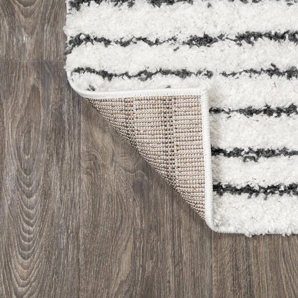 8' x 10' White and Black Stripe Shag Area Rug