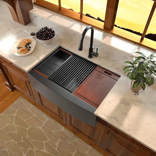 30 in. in Farmhouse Apron Front Single Bowl 16-Gauge Black Workstation Stainless Steel Kitchen Sink with Bottom Grids