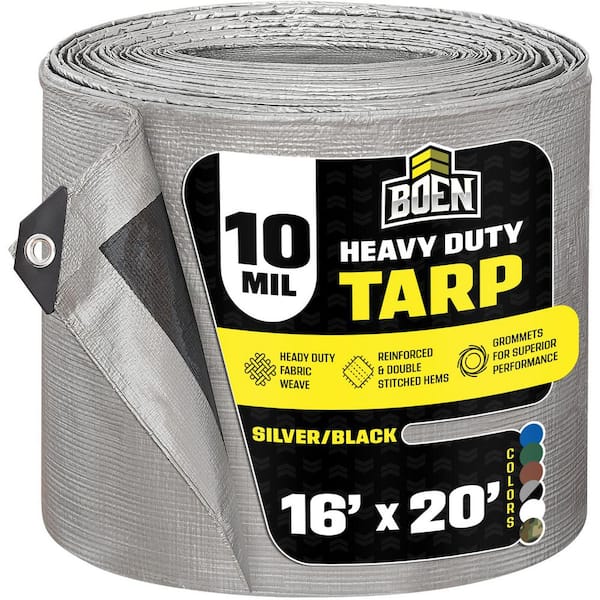 BOEN 16 ft. x 20 ft. Heavy-Duty Commercial Silver/Black Tarp Cover 10 Mil Thick Weave Material, Waterproof