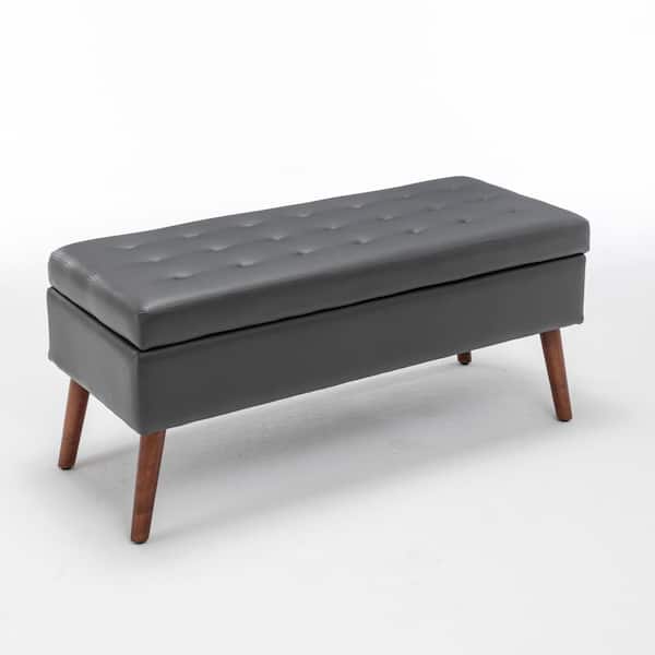 Noble House Gilan Dark Grey PU Leather Tufted Storage Ottoman Bench, Solid Wood Legs