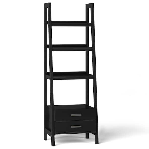 Simpli Home Sawhorse Solid Wood 72 in. x 24 in. Modern Industrial Ladder Shelf with Storage in Black