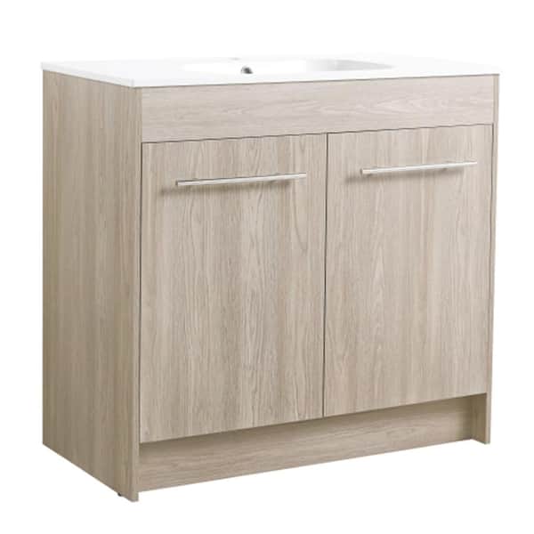 FUNKOL 35.6 in. W x 18.1 in. D x 33.8 in. H Freestanding Bath Vanity in White Oak with White Cultured Marble Top