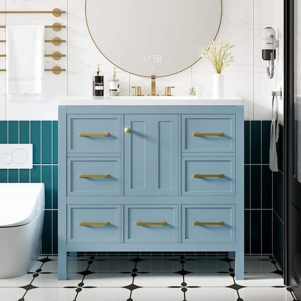 EPOWP 36 in. W x 18 in. D x 34 in. H Single Sink Freestanding Bath Vanity in Blue with White Resin Top and Storage
