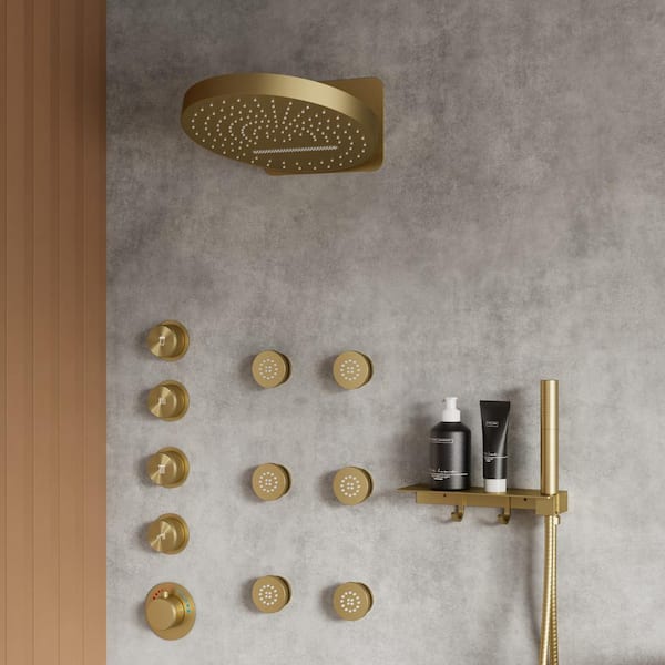 YAWWALK 15-Spray 13 in. Wall Mount Dual Shower Head and Handheld Shower with 6-Jets in Brushed Gold (Valve Included)