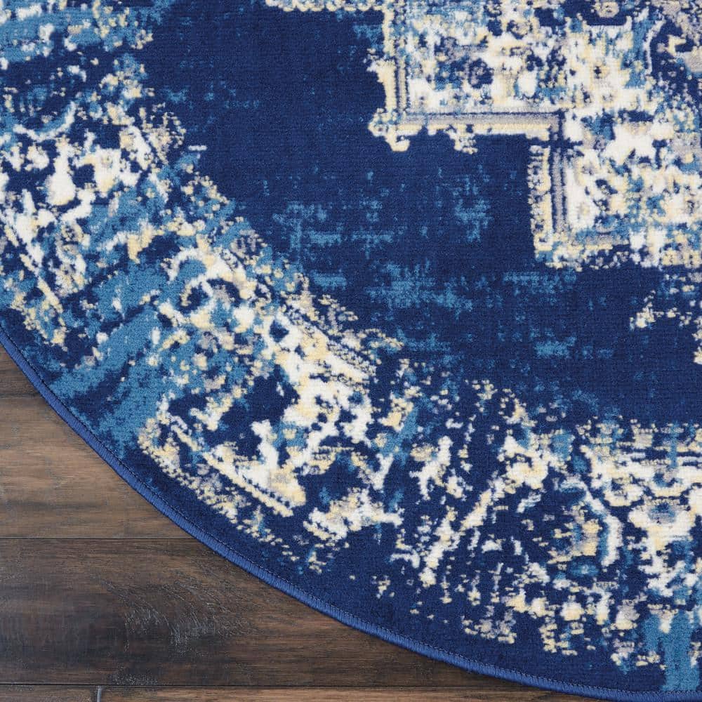 Navy Blue Round Medallion Synthetic Traditional Rug