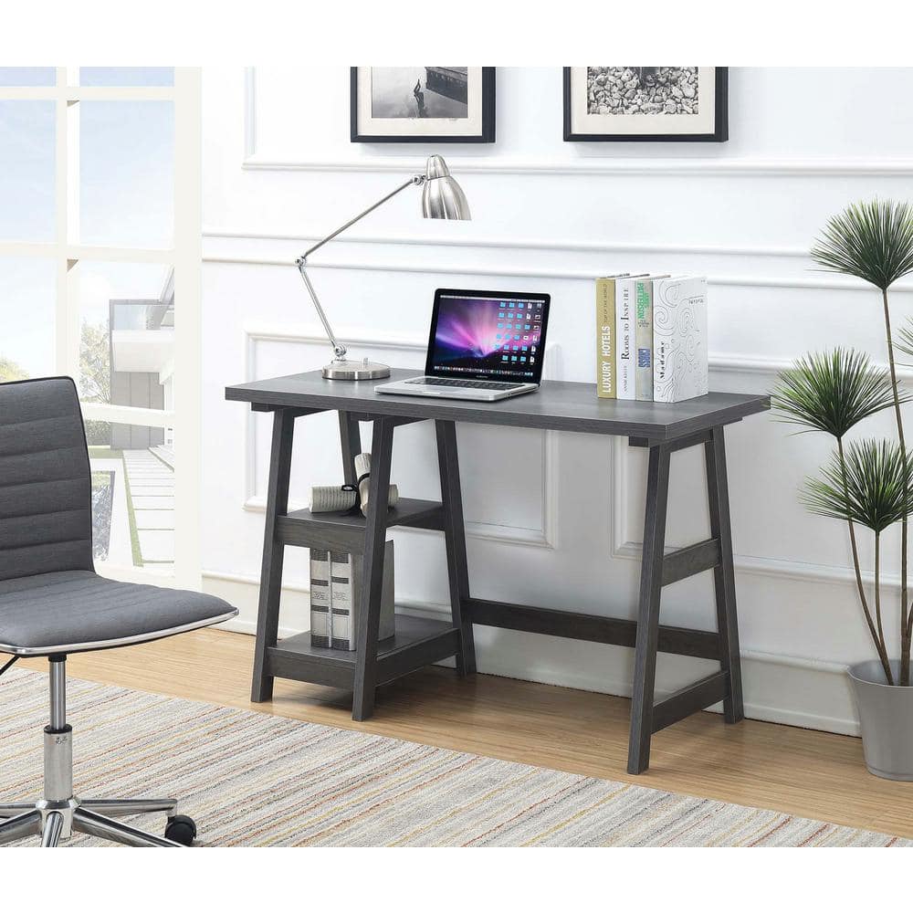 Charcoal Gray 47" Wood Trestle Desk with Shelves