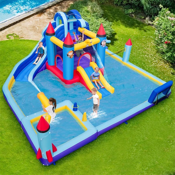 Rocket Theme Inflatable Water Slide Park Bounce House with 2-Slides Splash Pool without Blower