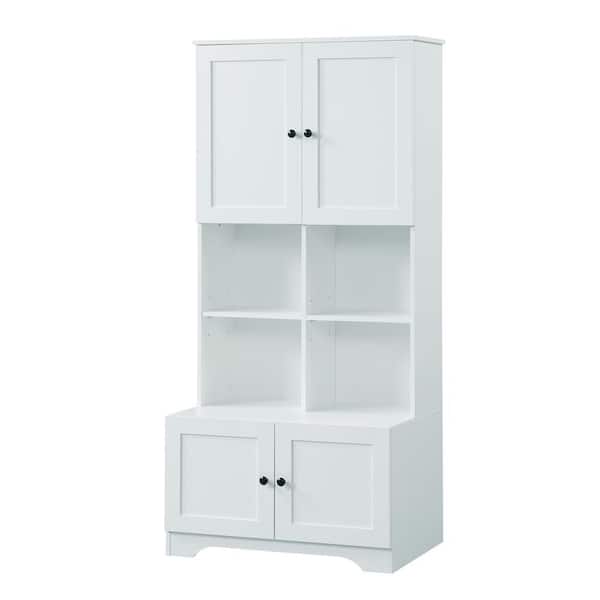 31 in. W x 21 in. D x 67 in. H White MDF Floor Linen Cabinet with 4-Doors, Open Storage and Adjustable Shelves