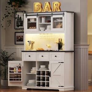 White 71 in. Bar Cabinet w/ Internal Storage Rack, Kitchen Cabinet w/ Hutch, Power Outlet, Pegboard, Wine & Glasses Rack