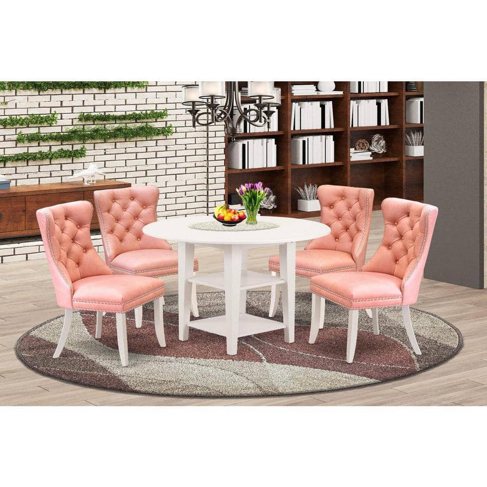 5-Piece Linen White Finish Solid Wood Top - Round Dining Room Set with Dropleaf - Seats 4