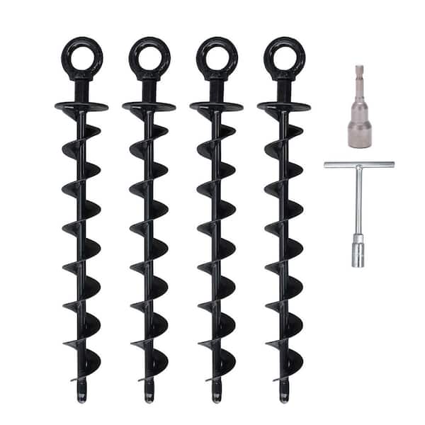 15 in. Heavy Duty Spiral Trampoline Anchor Stake Kit Ground Anchors for Garden Stake, Carports, Iron, Black (4-Pack)