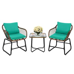 Brown 3-Piece Wicker Outdoor Bistro Set with Turquoise Cushions