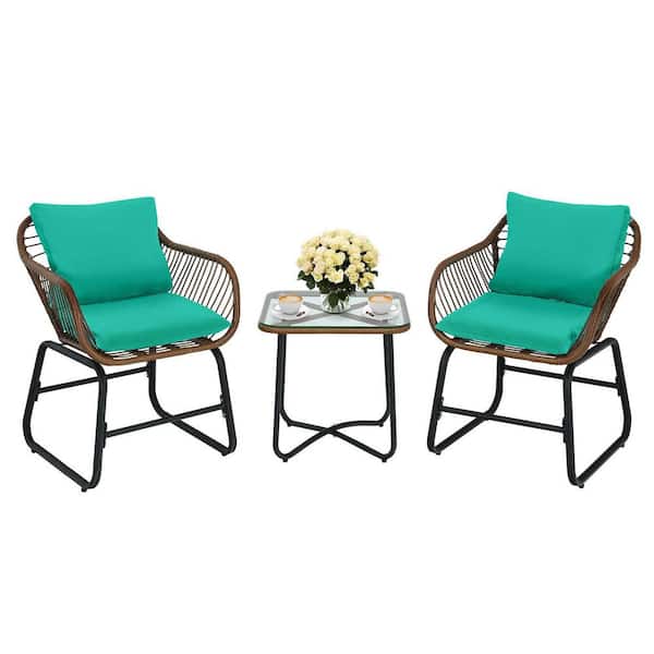 Alpulon Brown 3-Piece Wicker Outdoor Bistro Set with Turquoise Cushions