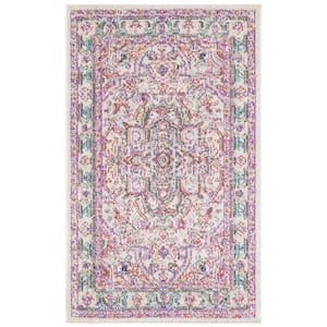 Madison Beige/Fuchsia Doormat 3 ft. x 5 ft. Geometric Border Floral Medallion Area Rug