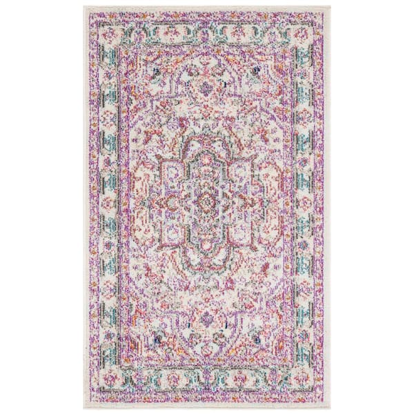 SAFAVIEH Madison Beige/Fuchsia Doormat 3 ft. x 5 ft. Geometric Border Floral Medallion Area Rug