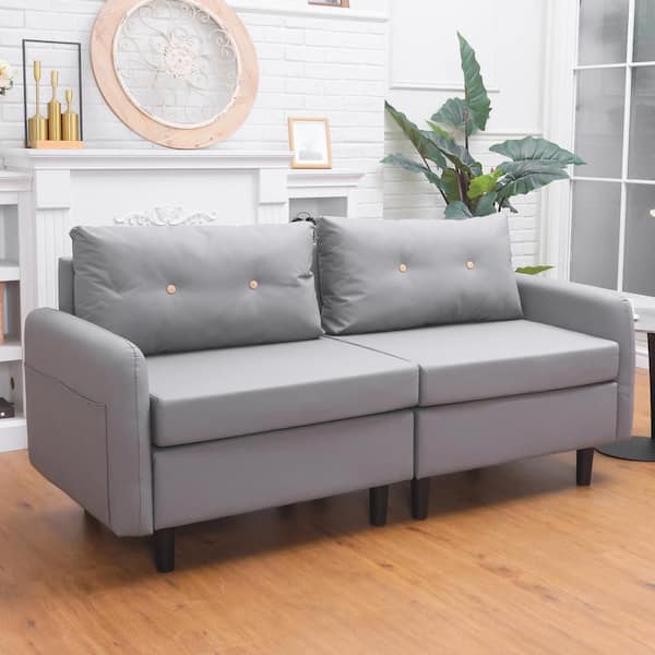 70.87 in. W in Round Arms Faux Leather Sectional Upholstered Rectangle 2-Seater Sofa with Storage Pockets in Gray