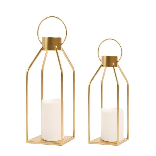 Gold Metal Candle Lanterns with Lifting Handle for Holiday Home Outdoor Decor (2-Pack)
