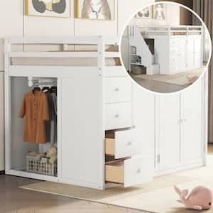 Multi-functional White Full Loft Bed with 3-Shelves, 2-Wardrobes, 4-Drawers, Storage Staircase