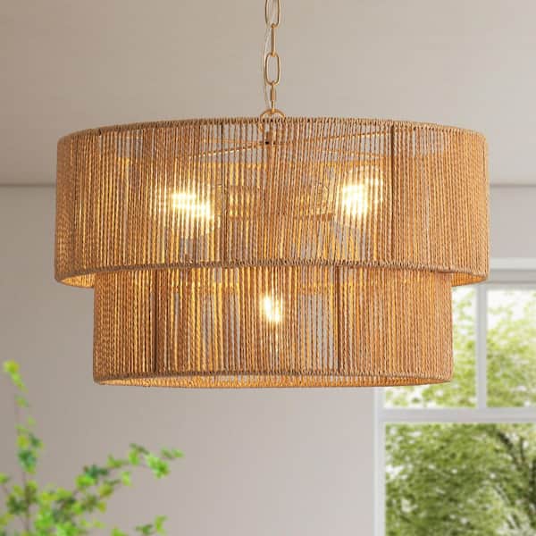 Boho 5-Light Gold Chandelier with Hand-Woven Double Drum Rope Shade for Dining Room, Bedroom or Entryway