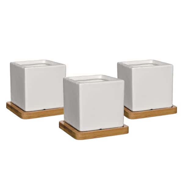 CHG CLASSIC HOME & GARDEN 3.5 in. Nova White Ceramic Square Planter with Tray (3-Pack)