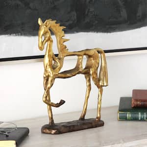 13 in. Gold Polystone Slim Frame Textured Horse Sculpture with Cutouts