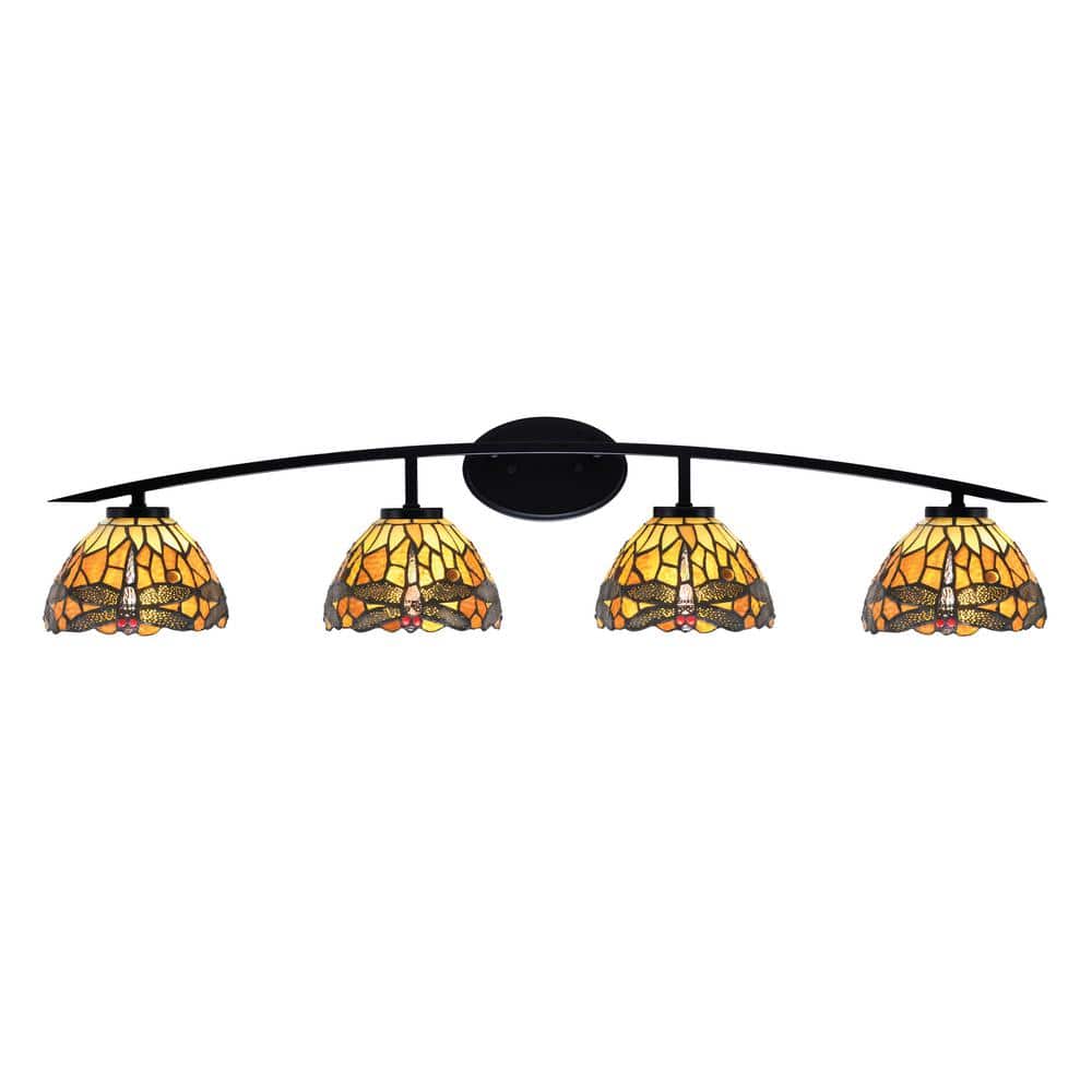 Siena 40 in. 4-Light Matte Black Vanity-Light with 7 in. Amber Dragonfly Ar