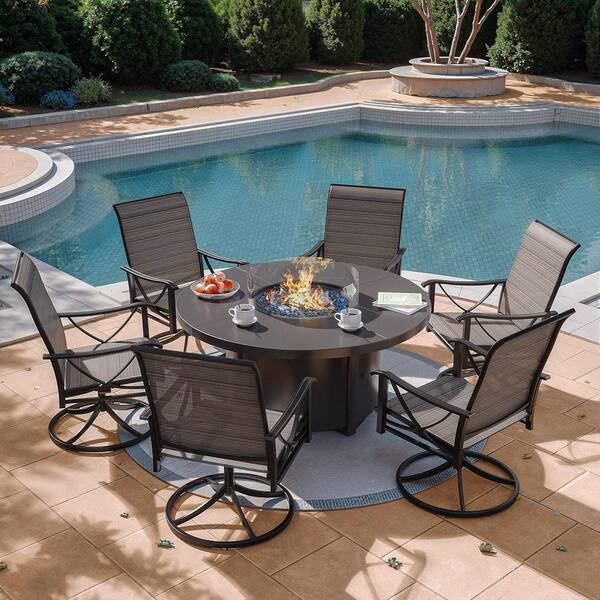 7-Piece Metal Patio Conversation Set with 40,000 BTU Round Fire Pit Table, 6 Swivel Chairs and Textilene Fabric