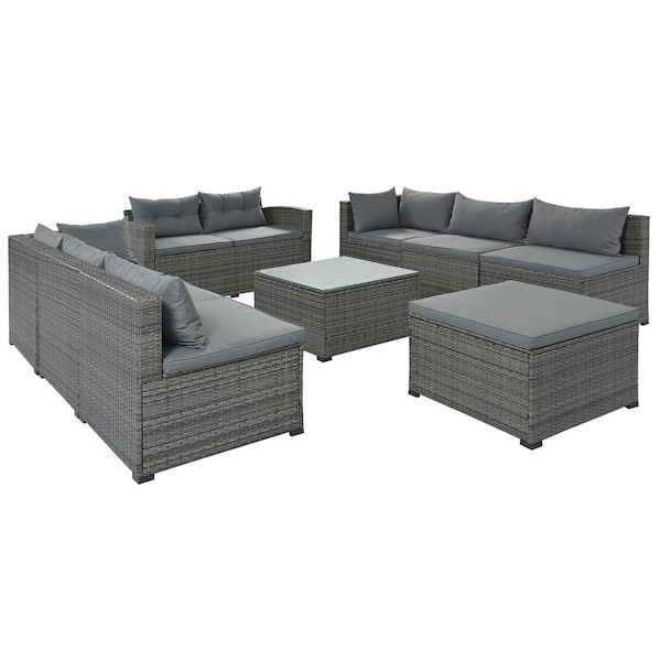 waelph 9-Piece Wicker Patio Conversation Set with Gray Cushions