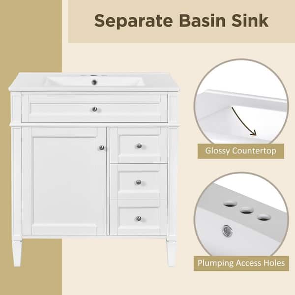 30 in. W Single Sink White Bath Vanity with White Ceramic Top, Tip-out Drawer, Adjustable Shelf