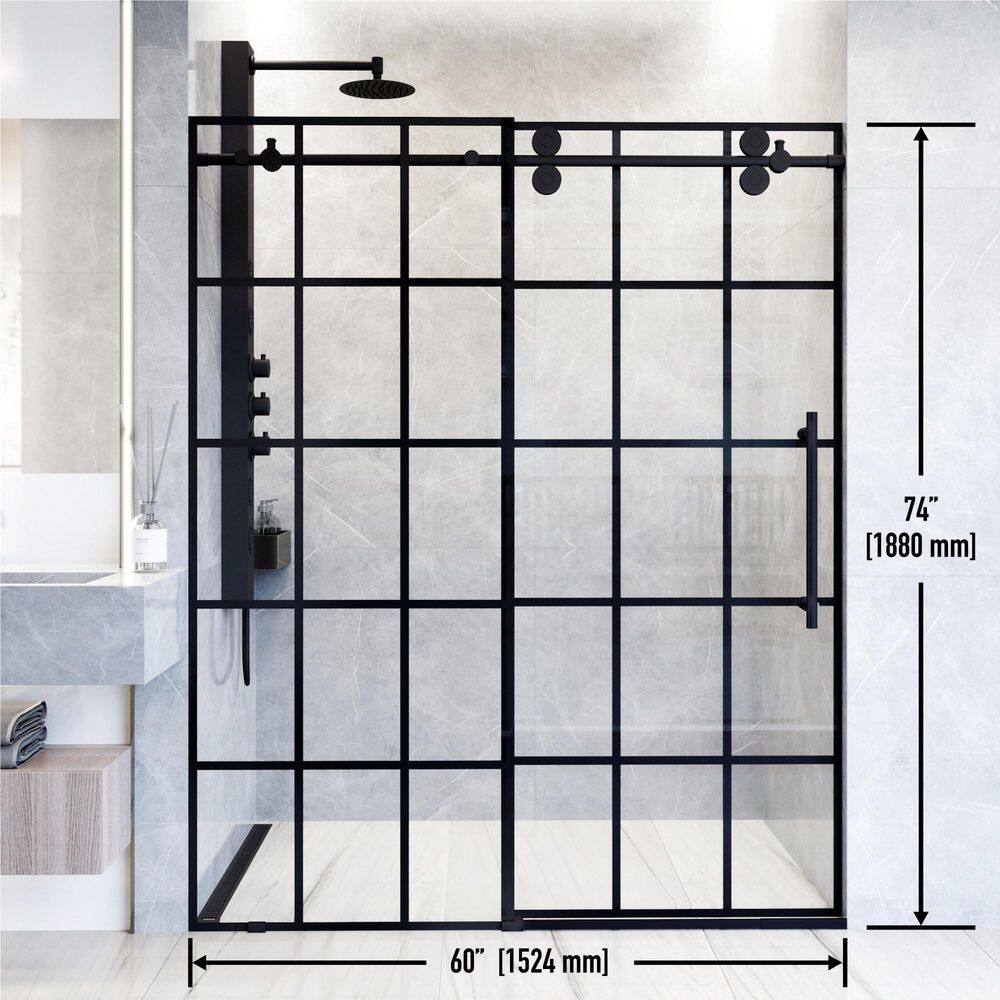 Elan Matte Black Frameless Sliding Shower Door with Clear Grid Glass