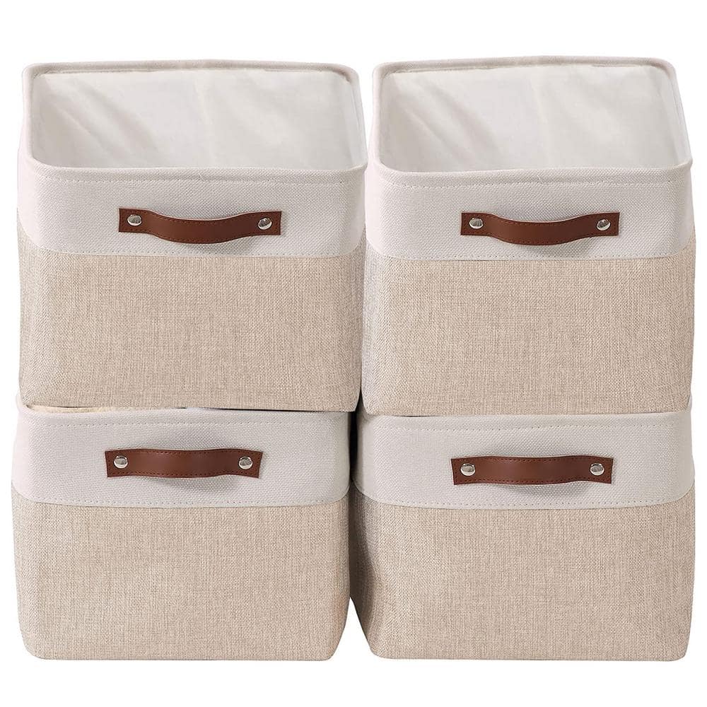 27 qt. Fabric Collapsible Storage Bin with Handles in Beige (4-Pack)