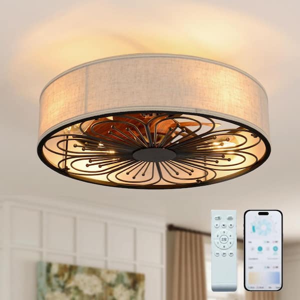 19.6 in. Indoor Black Industrial Caged Farmhouse Flush Mount Ceiling Fan with Light Remote Control 6-Speed Reversible