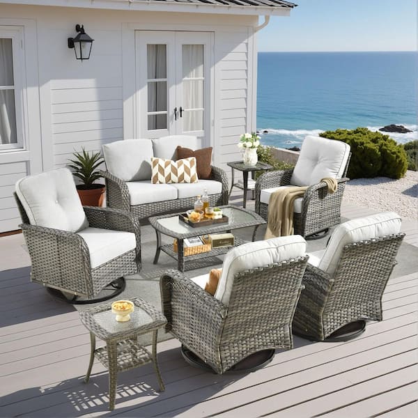 Caodoc Noah Gray 8-Piece Wicker Swivel Outdoor Patio Lounge Conversation Sofa Set with Coffee Table and Gray Cushions