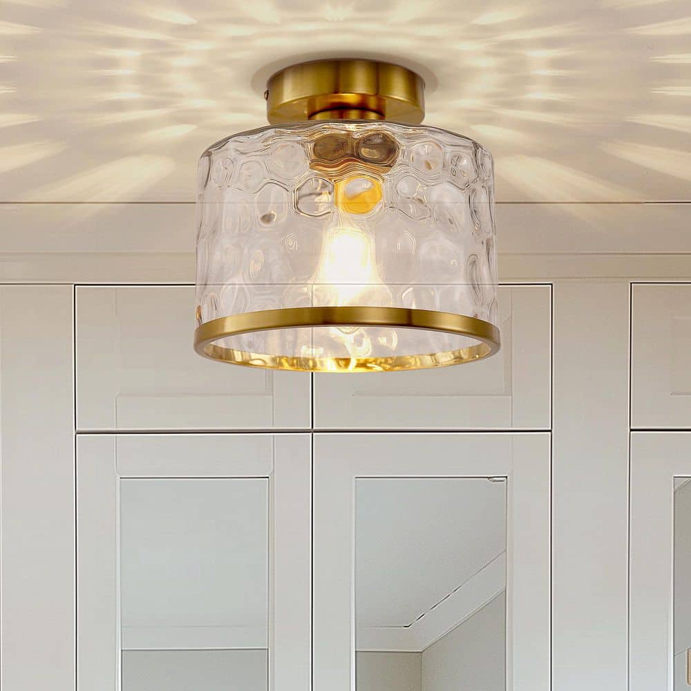 9 in. 1-Light Gold Round Clear Glass Semi-Flush Mount with Water Glass Shade for Bathroom and No Bulbs Included 1-Pack price history on PriceWatchPro