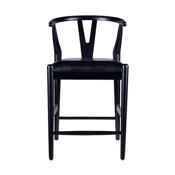 Boraam Wishbone 24in. Black High Back Wood Kitchen Counter Stool with Faux Leather Seat-Black Finish-1 Counter Stool