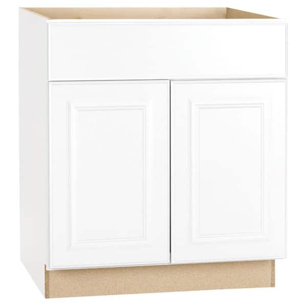 Hampton Bay Hampton Satin White Raised Panel Stock Assembled Base Kitchen Cabinet with Drawer Glides (30 in. x 34.5 in. x 24 in.)