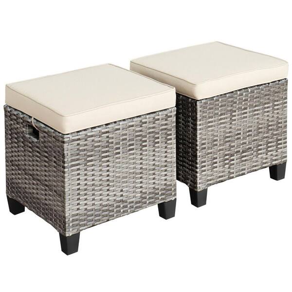 FORCLOVER Wicker Outdoor Ottoman with White Cushion (2Pack) COWY