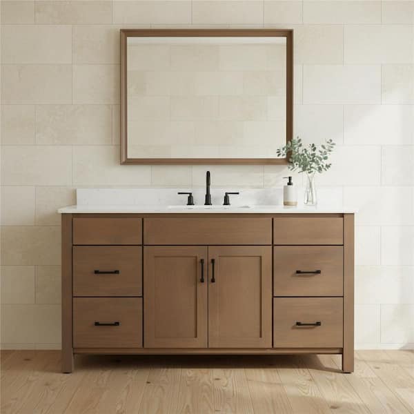 Kingham 61 in. Single Sink Driftwood Brown Freestanding Bath Vanity with Golden Carrara Quartz Top Assembled