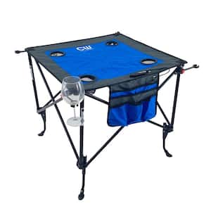 Blue/Gray Fabric Folding Dual Height Outdoor Table with Wine Glass Holders
