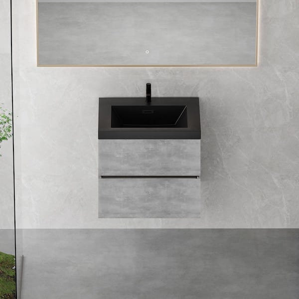 23.62 in. W x 19.7 in. D x 22.5 in. H Single Sink Wall Mounted Bath Vanity in Cement Grey with Black Quartz Sand Top