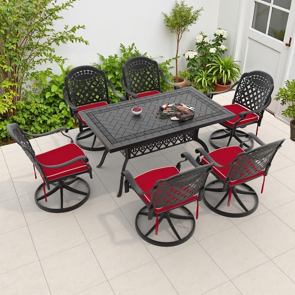 Willit Isabella 7-Piece Cast Aluminum Patio Outdoor Dining Set with Rectangular Dining Table,6 Swivel Chairs and 6 Red Cushions