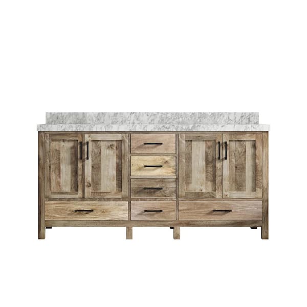 Willow Collections Malibu Mango 72 in.W x 22 in.D x 36 in. H Double Sink Bath Vanity in Natural with 2 in. Carrara Marble Top