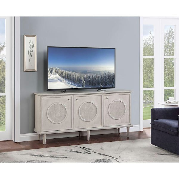 Light Gray Wood 66 in. x 33 in. 3-Door Sideboard with Round Silver Knobs and Woven Rattan Detailed Panels